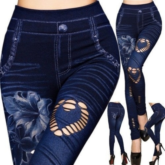 Unbranded Pants - Faux Denim Slim Leggings Flower/Heart